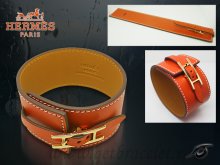 Hermes Fleuron Large Leather Bracelet Orange With Gold